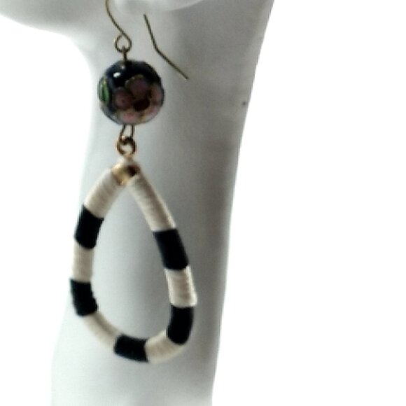 Black White Striped Hollow Waterdrop Faceted Ball Statement Earrings 2.75" - Picture 4 of 9